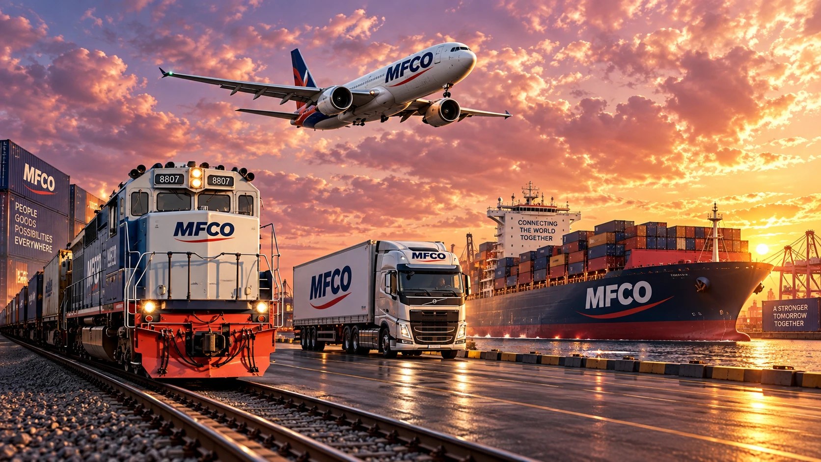 Company-branded aircraft, locomotive, truck and container ship at a port at sunset
